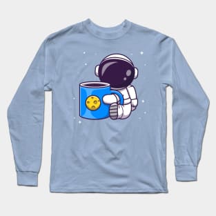 Cute Astronaut Holding Cup Coffee Space Cartoon Long Sleeve T-Shirt